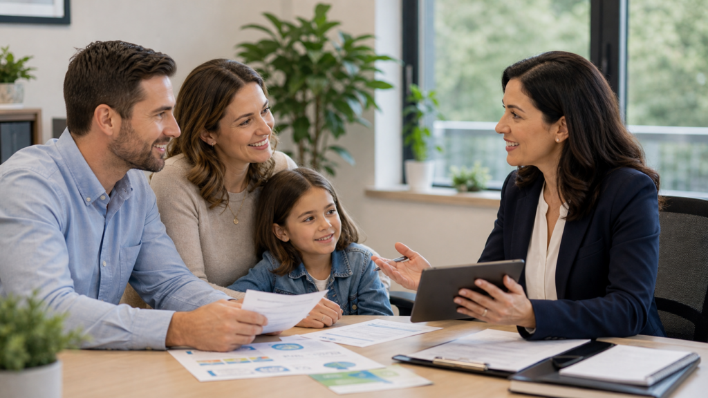 Family meeting with a health insurance advisor to review coverage options