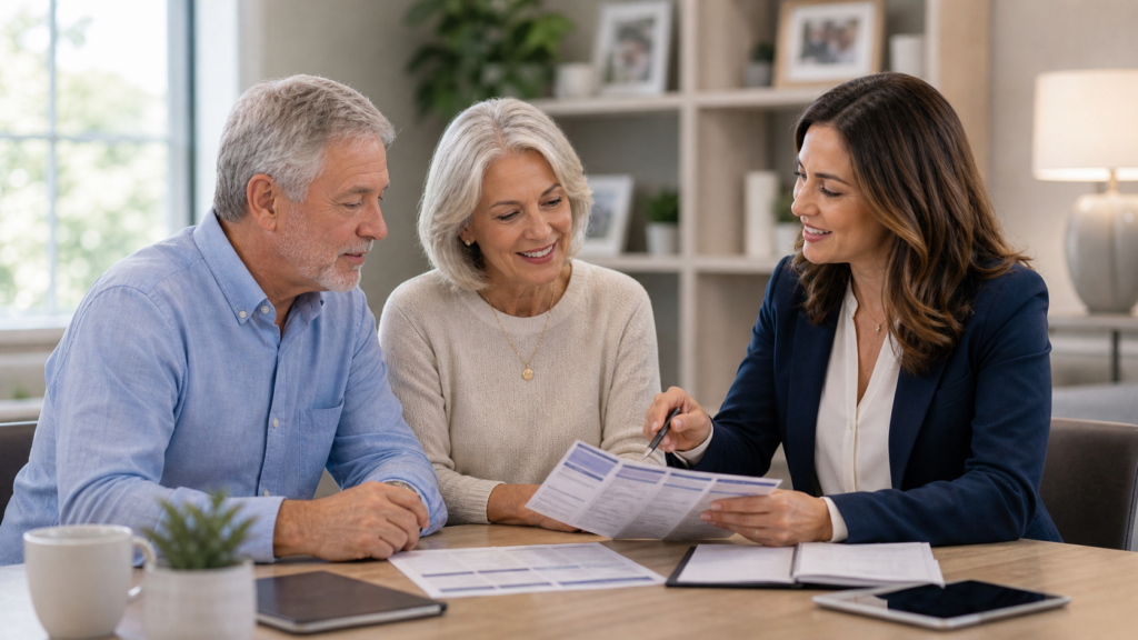 Senior couple reviewing senior insurance product options with an advisor